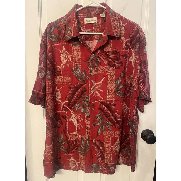 Caribbean Button Down Short Sleeve Hawaiian Shirt Mens XL~Swordfish & Palms Red - Picture 1 of 5